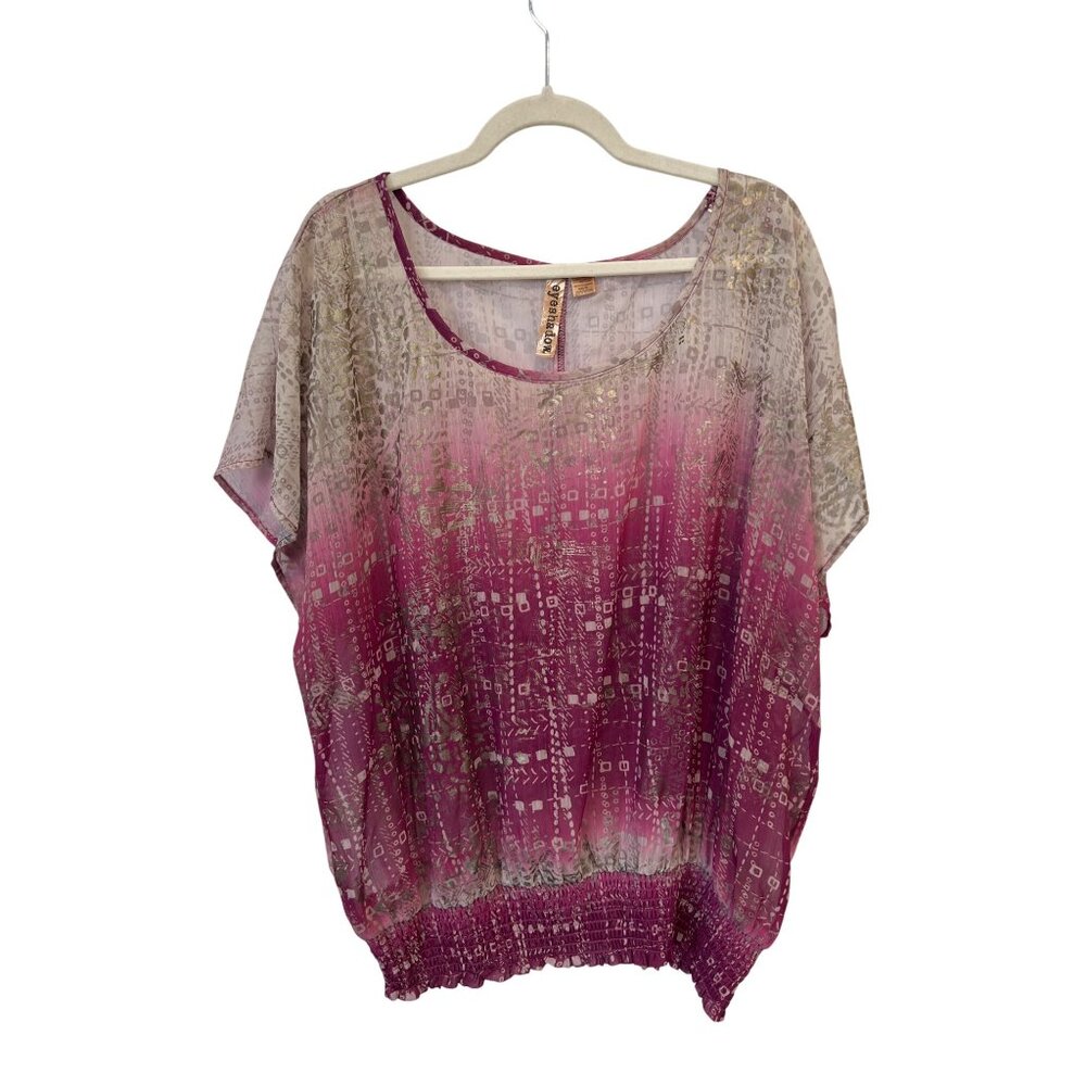 Eye Shadow Blouse Plus Sz 2X Short Sleeve Scoop Neck Smocked Ombre Pink Bohemian